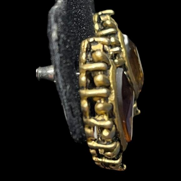 Vintage Amber Glass Marquise Stone Brass Tone Post Earrings - Picture 6 of 16